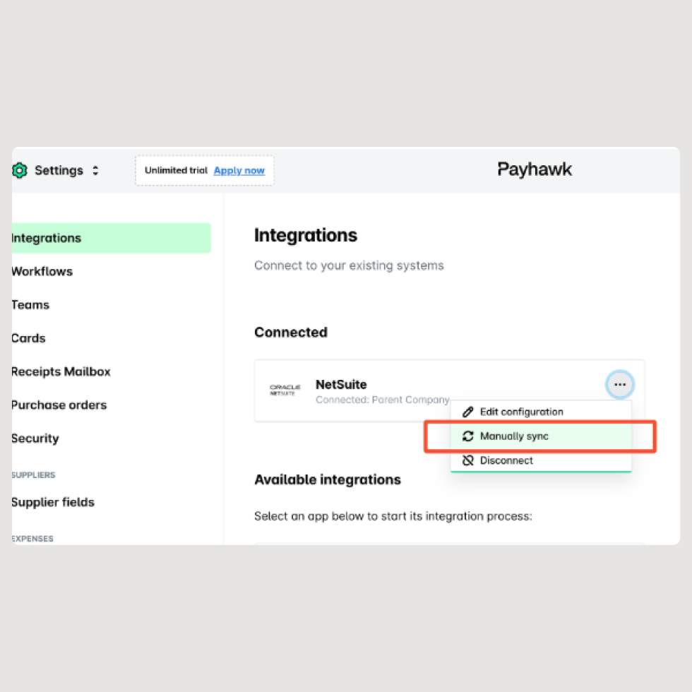 Se actualizó la integración directa de Netsuite de Payhawk: registros personalizados y capacidades de división de fechas de documentos